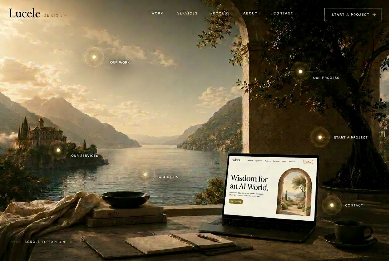 Lucele Designs — boutique web design studio. Clickable hotspots for Work, Services, Process, About, and Contact, plus a featured client site preview on the laptop.